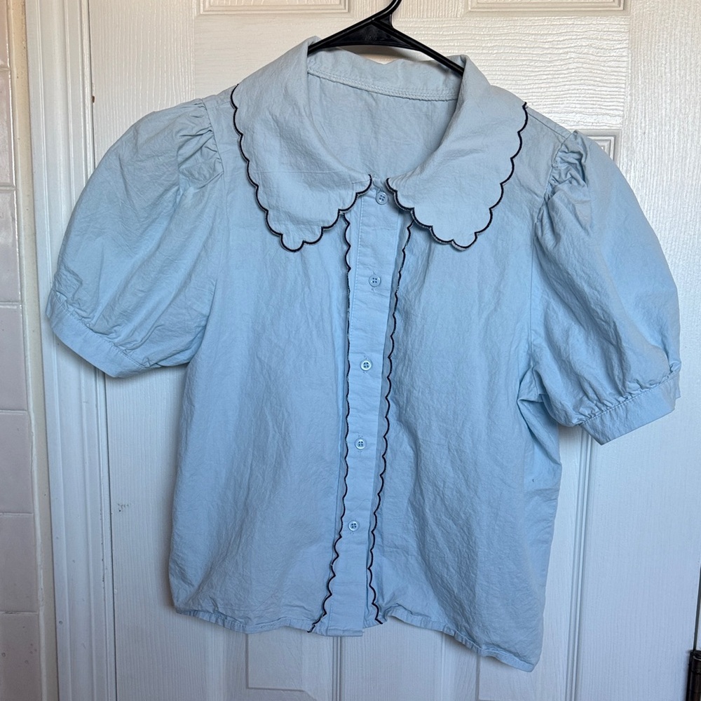 Light Blue Scallop Trim Puff Sleeve Blouse